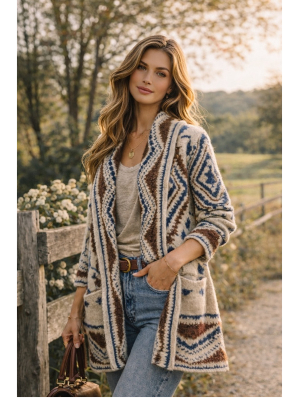 Denim & Supply Ralph Lauren Cream, Blue & Brown Patterned Open Cardigan
